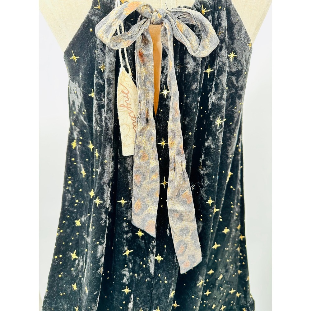 NWT Blk Velvet Metallic Gold Star Print Halter‎ Dress Fairy Grunge Whimsy Goth S